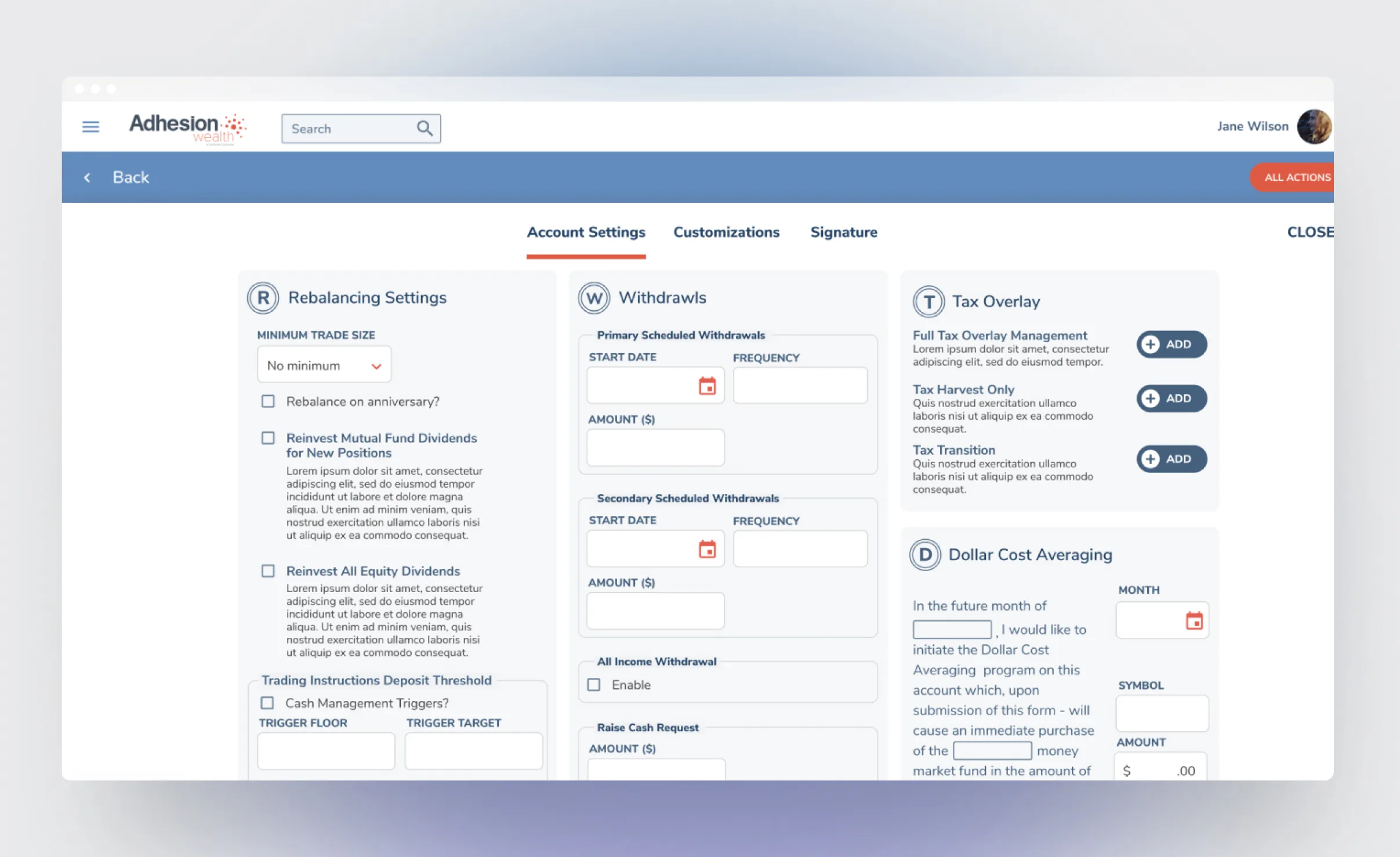 Adhesion Wealth design screen