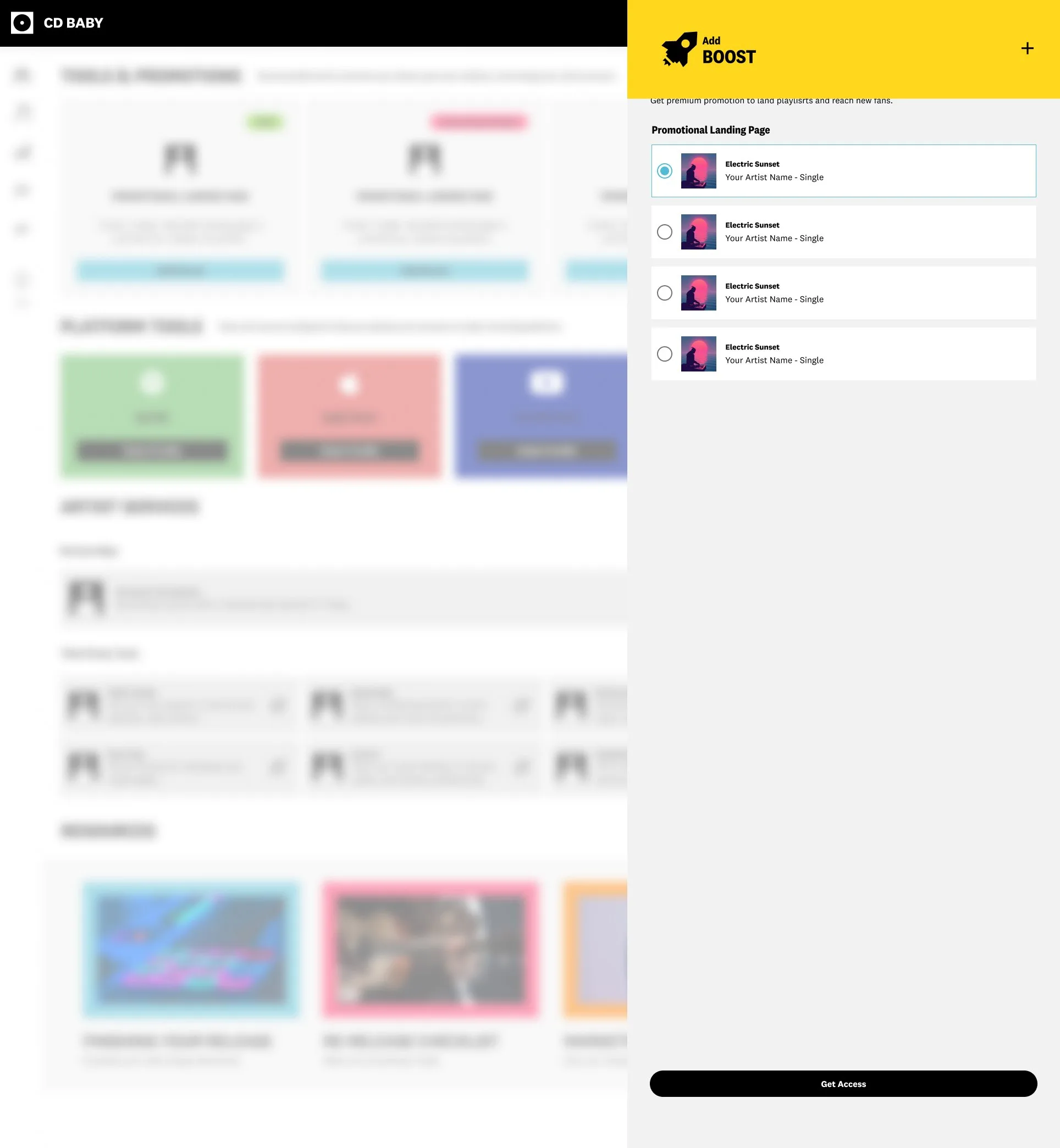 CD Baby: Tools · Boost panel