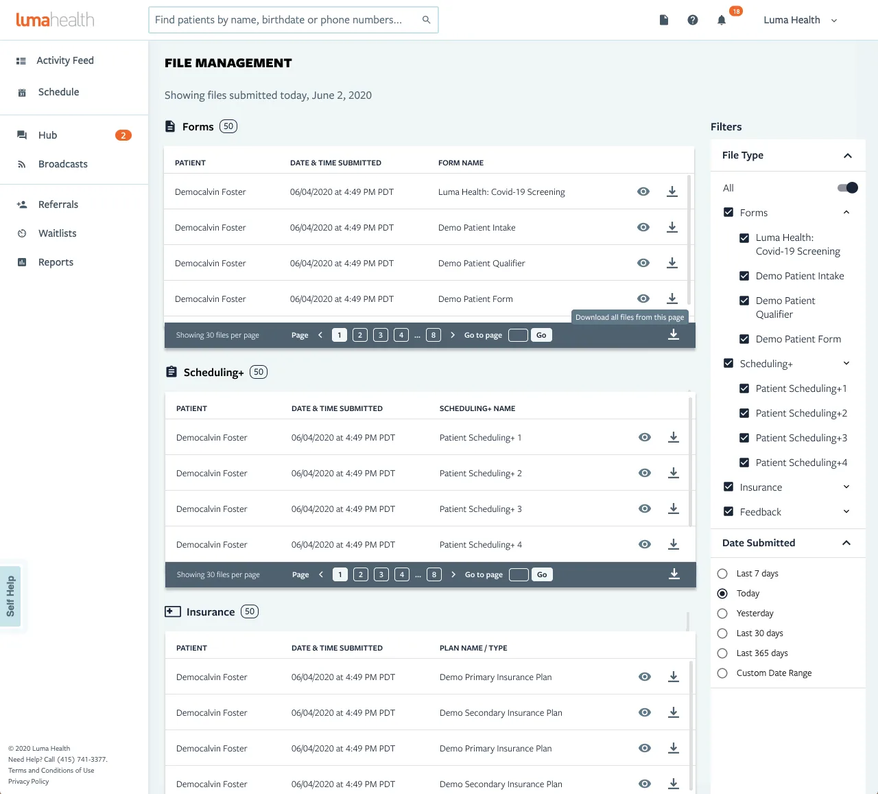 Luma Health: File management · Filters expanded