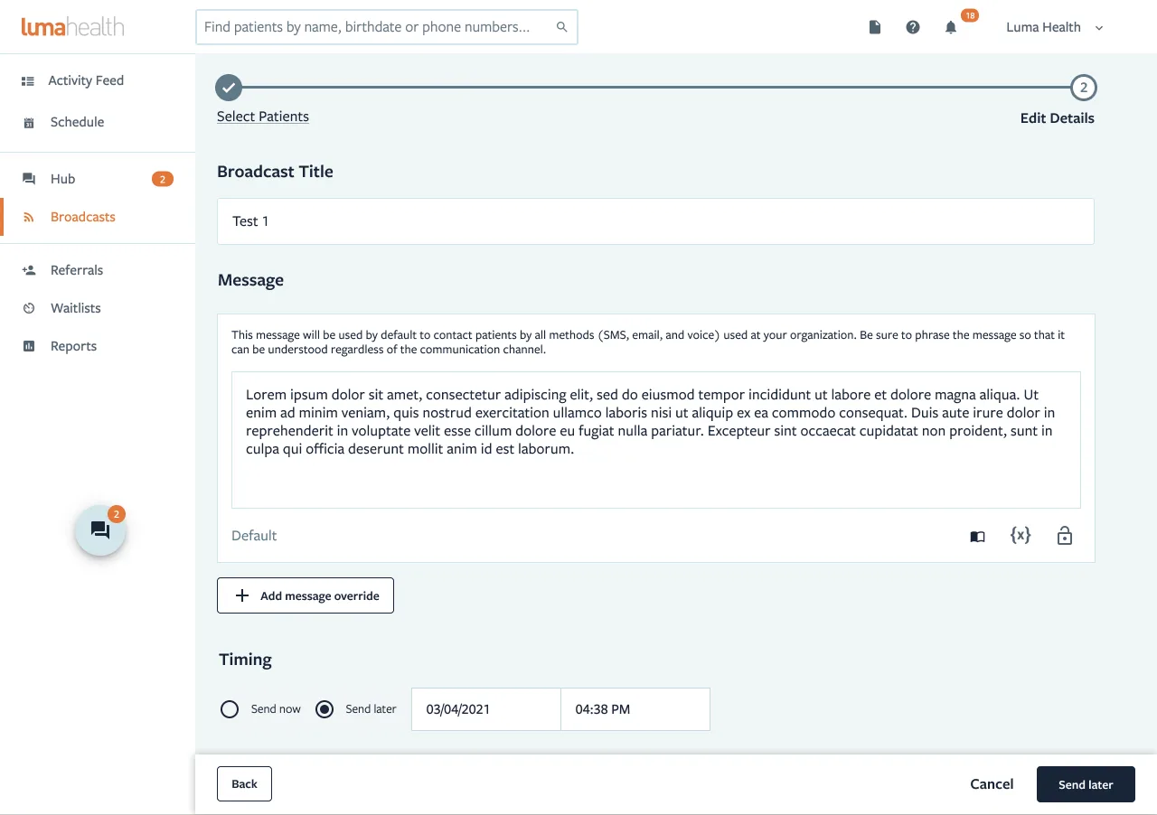 Luma Health: Scheduled patients 2 · Edit details
