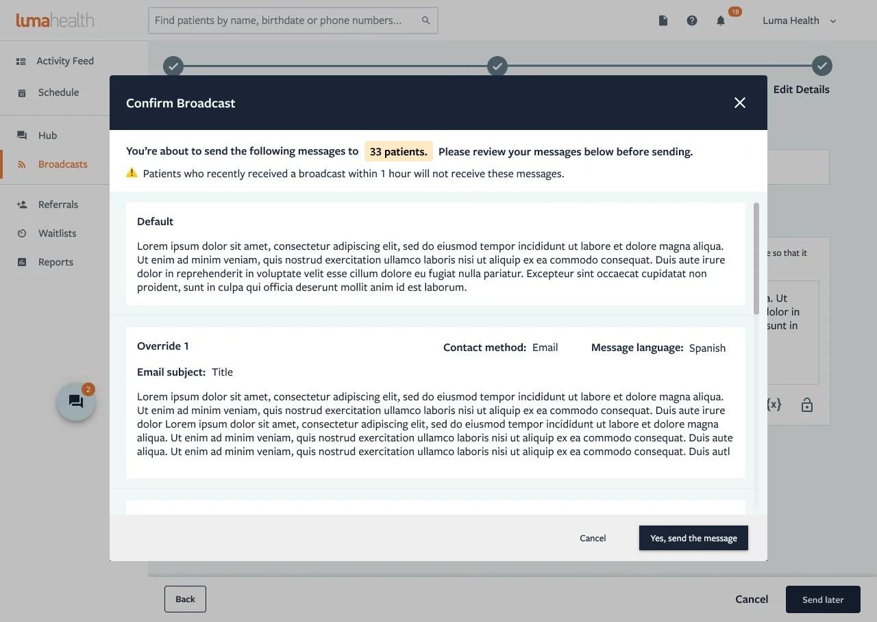 Luma Health: Broadcast 5 · Confirm