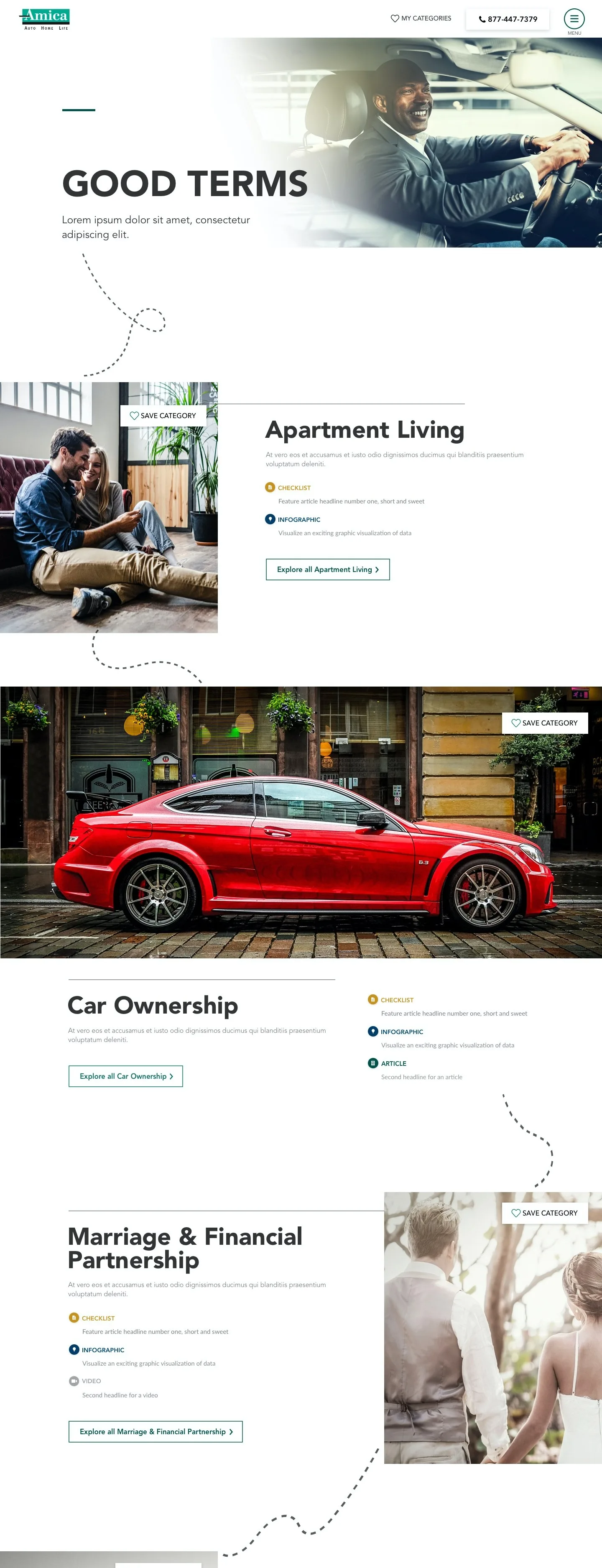 Amica: Content hub homepage · top section